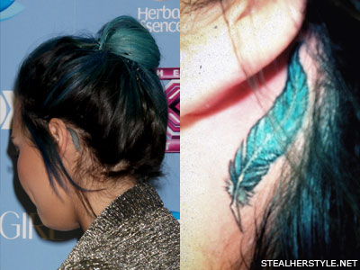 Demi Lovato feather behind ear tattoo