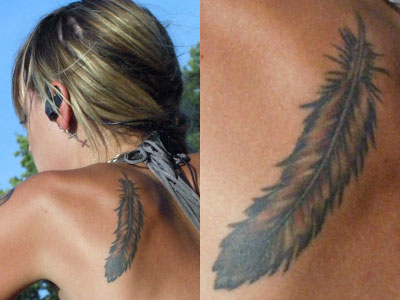 Juliet Simms feather tattoo On her left shoulder blade is a feather 