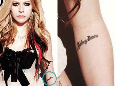 Avril Lavigne's Abbey Dawn tattoo On the inside of her left elbow 