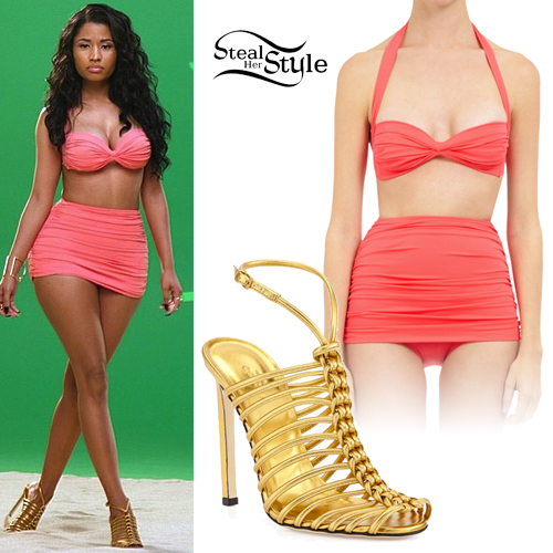 Nicki Minaj Pink Ruched Bikini Gold Sandals Steal Her Style