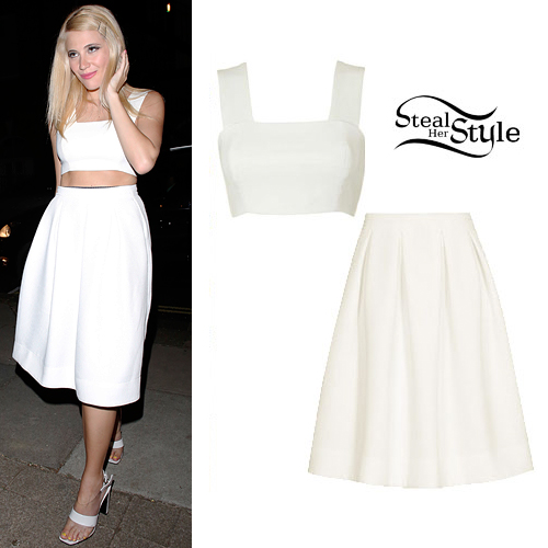 Pixie Lott: White Bralet & Pleated Midi Skirt | Steal Her Style