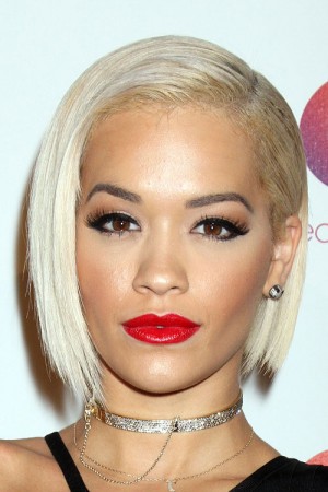 Rita Ora Straight Platinum Blonde Asymmetrical Bob Side Part