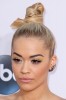 Rita Ora Straight Golden Blonde Bun Dark Roots Hairstyle Steal Her Style