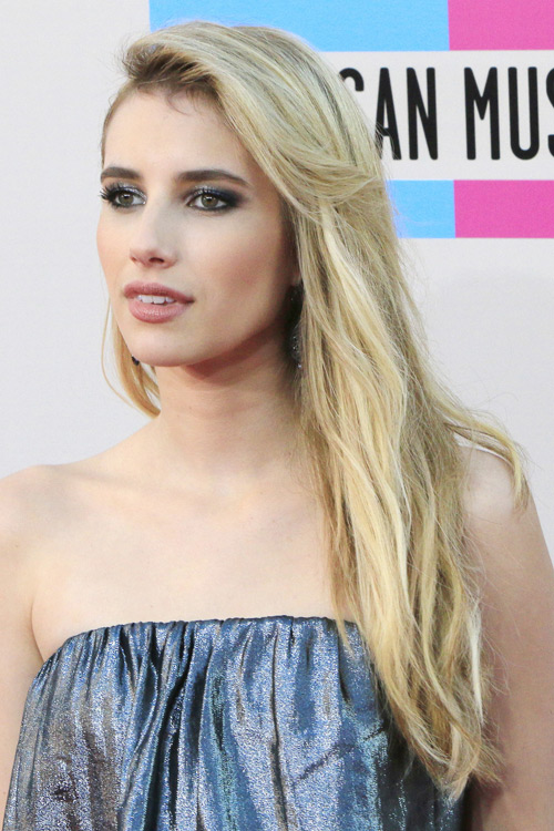 Emma Roberts Straight Platinum Blonde Faux Sidecut Side Part Hairstyle