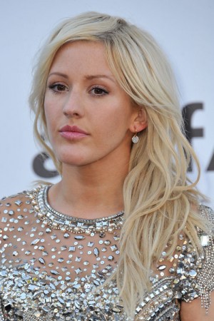 Ellie Goulding Wavy Platinum Blonde Faux Sidecut Side Part Hairstyle