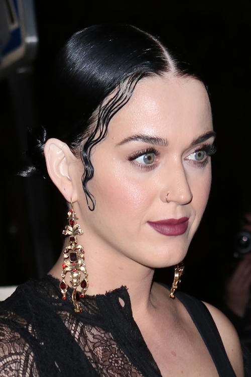 Katy Perry Straight Black Bun, Retro Hairstyle | Steal Her Style