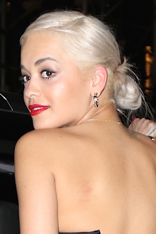 Rita Ora Straight Platinum Blonde Bun Updo Hairstyle Steal Her Style