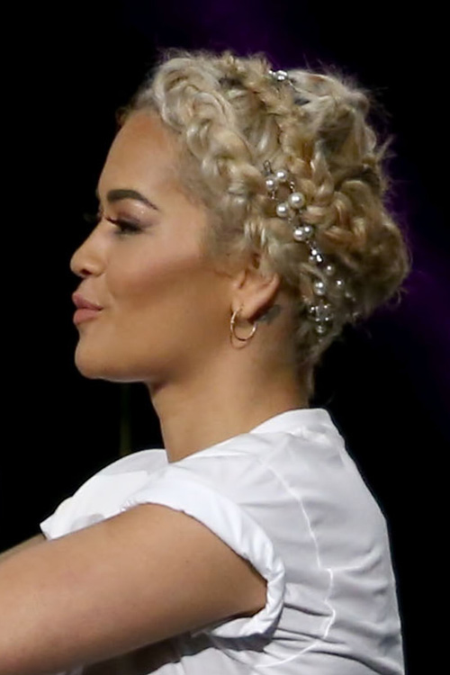 Rita Ora Straight Golden Blonde Crown Braid Hairstyle Steal Her Style