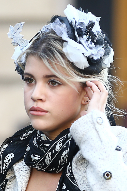 Sofia Richie Straight Platinum Blonde Dark Roots Overgrown Bangs Updo