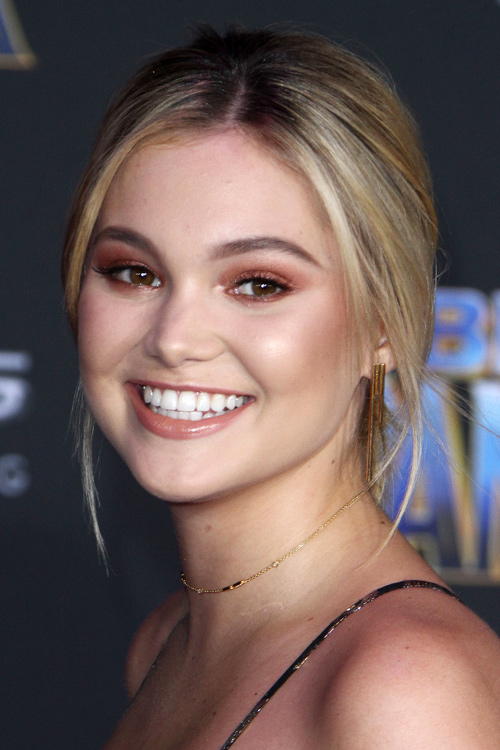 Olivia Holt Straight Light Brown All-Over Highlights, Bun Hairstyle