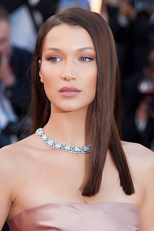 Bella Hadid Straight Dark Brown Side Part Hairstyle | Steal Her Style