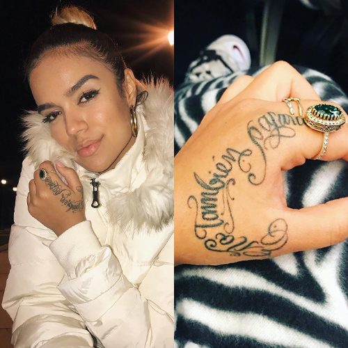Karol G Spanish, Writing Back of Hand Tattoo Steal Her Style