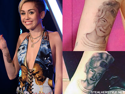 Miley Cyrus' portrait tattoo of her Grandmother on her right arm