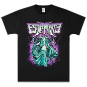 Black t-shirt featuring an Escape The Fate logo and priestess graphic printed on the front.