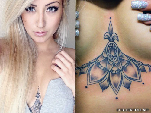 Allison Green flowers chest tattoo
