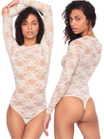 American Apparel Stretch Floral Lace Long Sleeve Thong Bodysuit