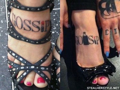 Porcelain Black 'gossip' and 'go sip' foot tattoo