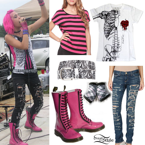 Ariel for Hire's pink boots, ripped jeans, skeleton tee, and belt