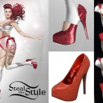 Katy Perry latex outfit and red high heels