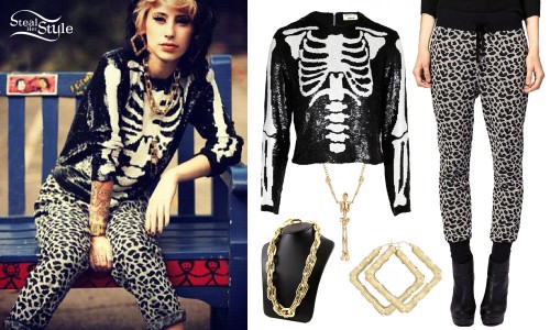 Kreayshawn leopard pants, skeleton top, earrings, necklace