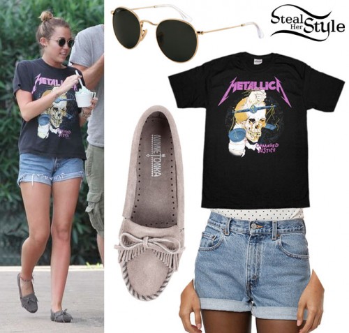 Miley Cyrus Metallica t-shirt Minnetonka moccasins