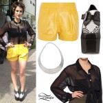 DEV sheer blouse, yellow leather shorts, platform oxfords