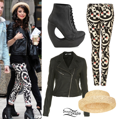 Cher Lloyd print jeans, leather jacket, platform boots, straw hat