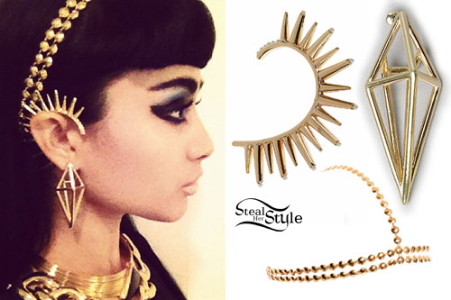Natalia Kills: Gold Headband, Spiked Ear Cuff, Cage Earrings