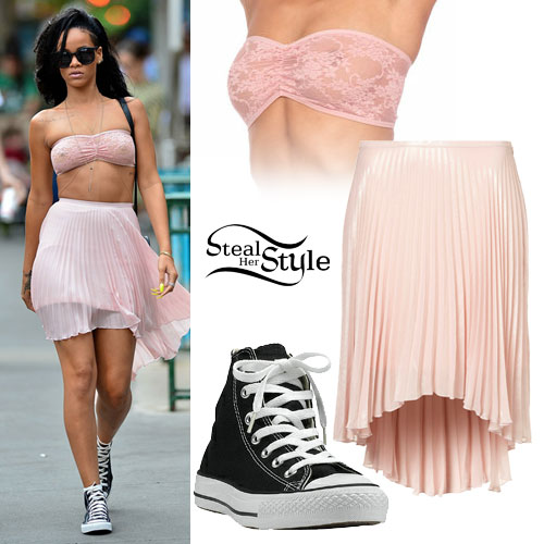 Rihanna: Pink Lace Bra, Pleated Skirt, & Converse