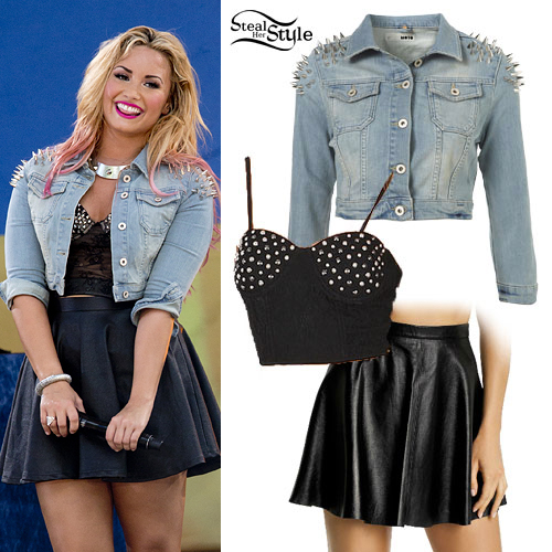Demi Lovato: Studded Denim Jacket Outfit
