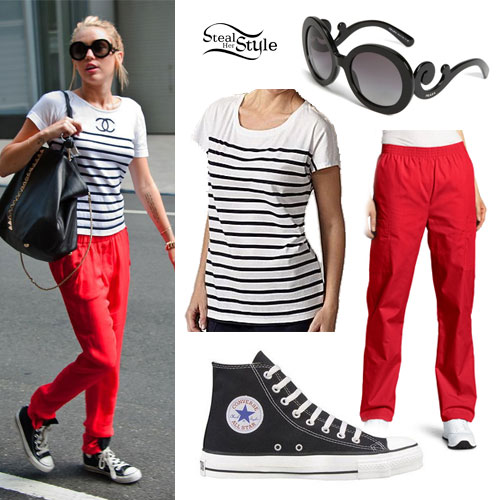 Miley Cyrus: Red Pants, Striped T-Shirt