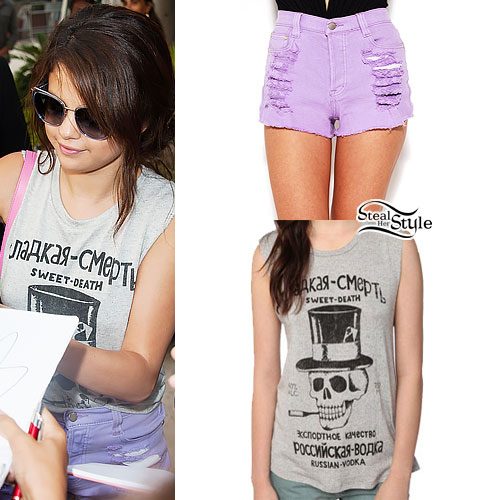Selena Gomez: Purple Shorts Outfit