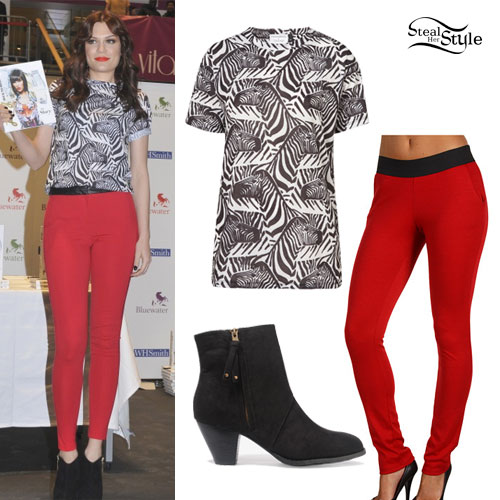 Jessie J: Zebra T-Shirt, Red Pants, Booties