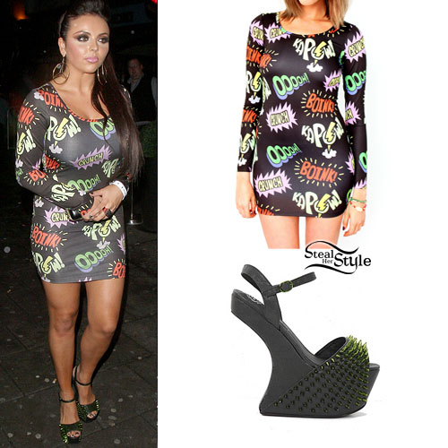 Jesy Nelson: Print Bodycon Dress, Spike Wedges