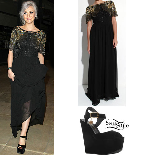Perrie Edwards: Embellished Gown, Black Wedges