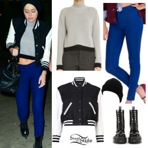 Miley Cyrus: Varsity Jacket, Blue Pants | Steal Her Style