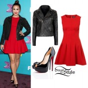 Demi Lovato: Red Dress, Leather Jacket | Steal Her Style