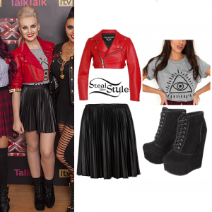 Perrie Edwards: Pleated Skirt, Red Leather Jacket | Steal Her Style