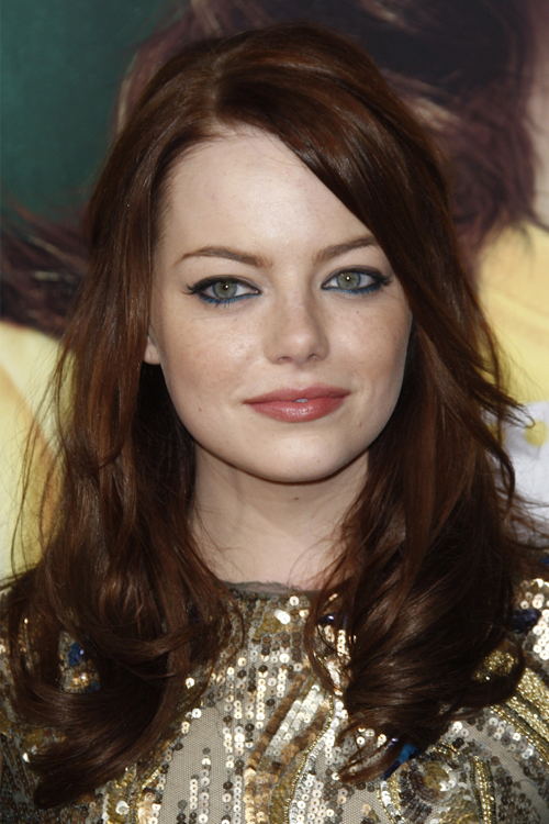 Emma Stone Wavy Auburn Sideswept Bangs Hairstyle | Steal Her Style
