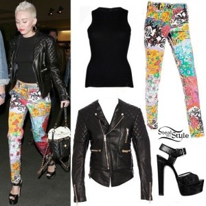 Miley Cyrus: Black Top, Printed Jeans | Steal Her Style