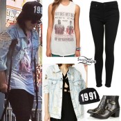 Demi Lovato: Destroyed Jacket, Black Pants | Steal Her Style