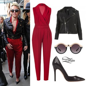 Miley Cyrus: Red Jumpsuit, Leather Jacket | Steal Her Style