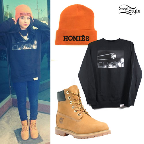 Becky G: Homies Beanie, Clarity Sweatshirt, Timberland Boots