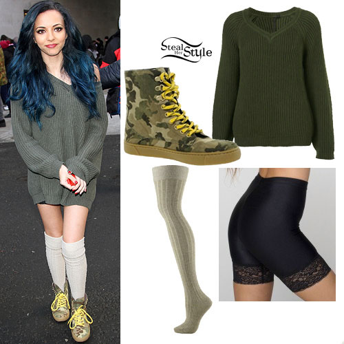 Jade Thirlwall: Green Sweater, Camo Sneakers