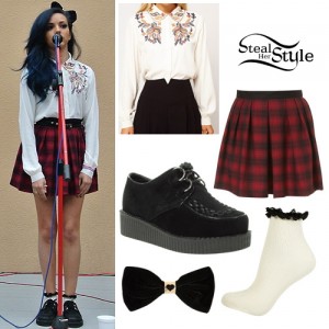 Jade Thirlwall: Embroidered Shirt, Check Skirt | Steal Her Style