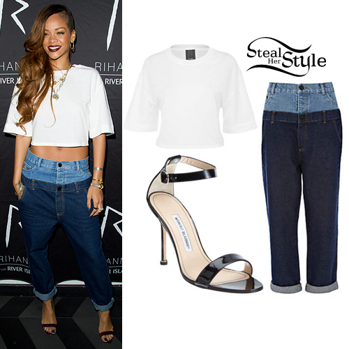 Rihanna: White Tee, Two Tone Jeans | Steal Her Style