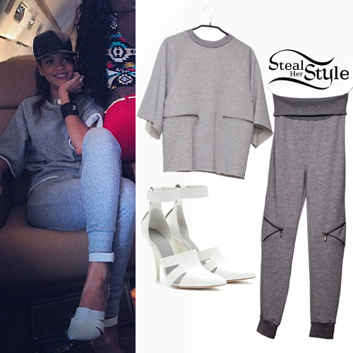 Rihanna: Grey T-Shirt, Zip Sweatpants | Steal Her Style