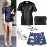 Miley Cyrus: Leather Tee, Silver Sandals | Steal Her Style