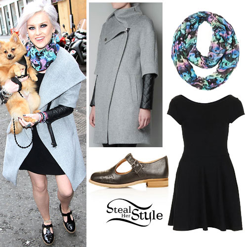 Perrie Edwards: Grey Coat, Black Dress