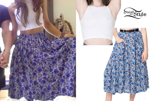 Ariana Grande: Blue Floral Long Skirt, White Crop Top